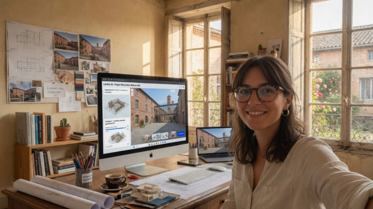Léa, architecte indépendante à Albi, dans son studio avec ses outils IA